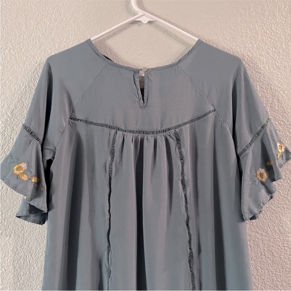 Blue Rain Dusty Blue & Yellow Embroidered Ruffle Mini Dress Size Medium - Picture 8 of 14